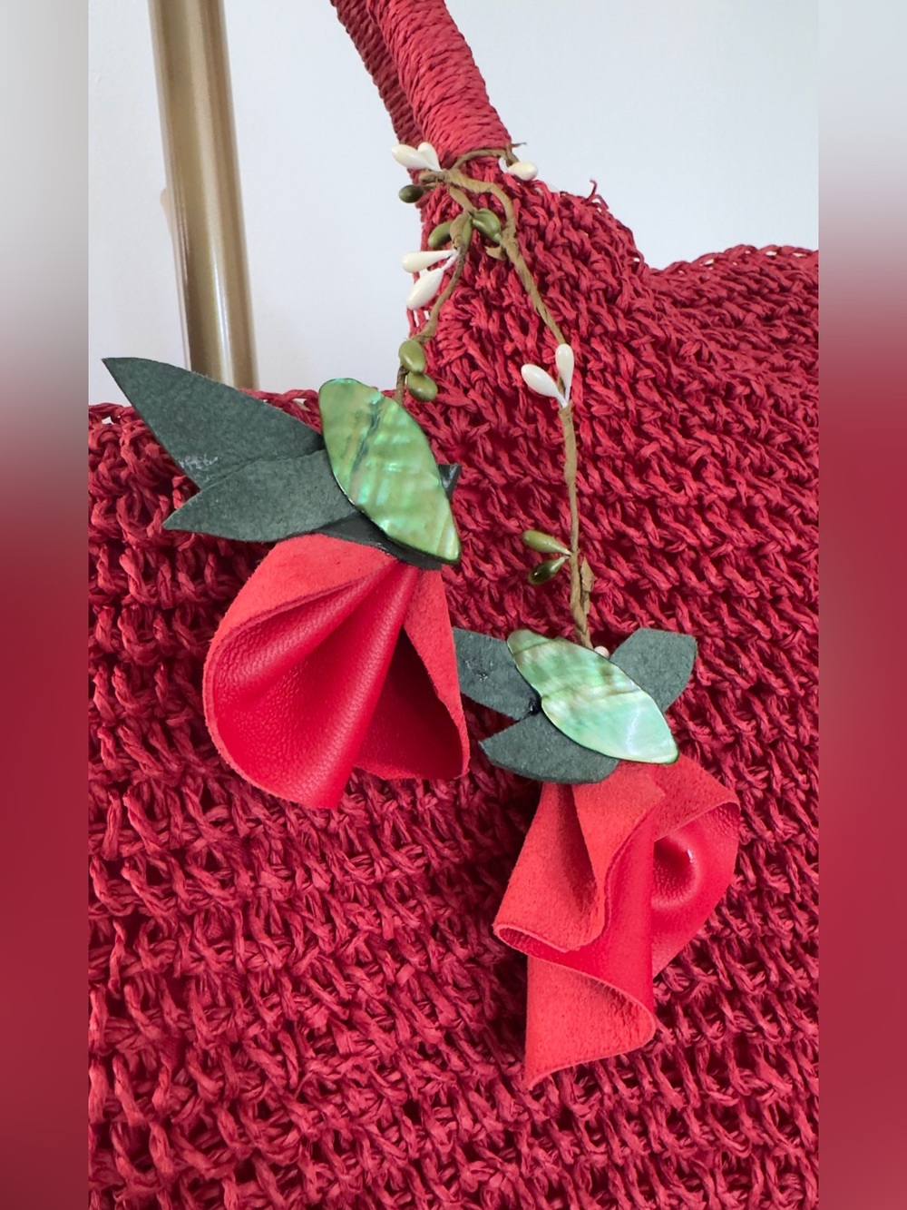 Topshop Straw Crochet Tote Bag with Floral Charm - Red - Picture 6 of 7